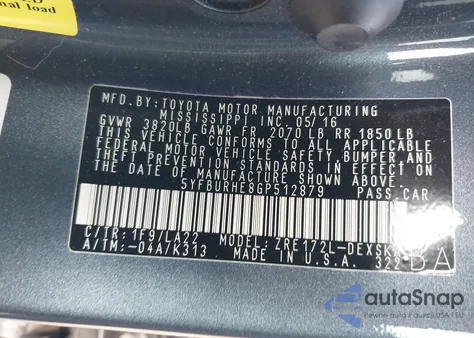 2016 Toyota Corolla S Premium z USA, uszkodzony, nr VIN 5YFBURHE8GP512879